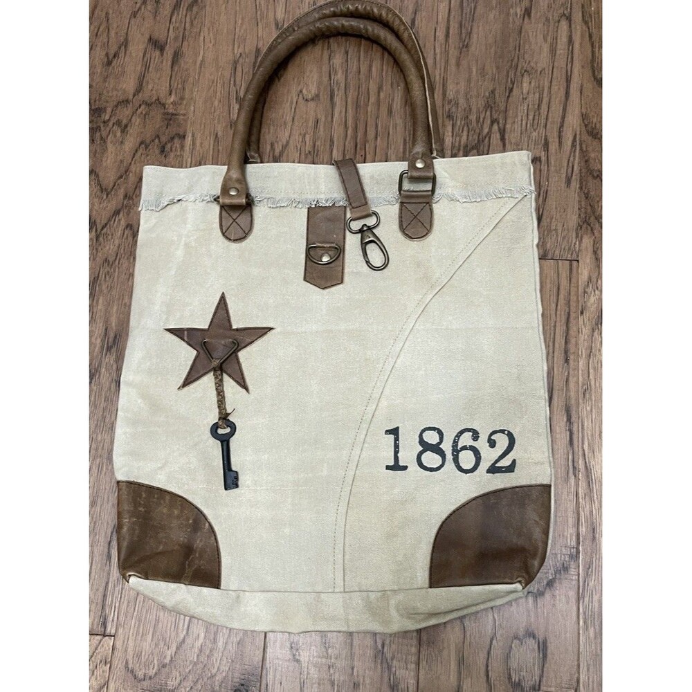 Mona B Tote Canvas Bag Key Embellishment Brown